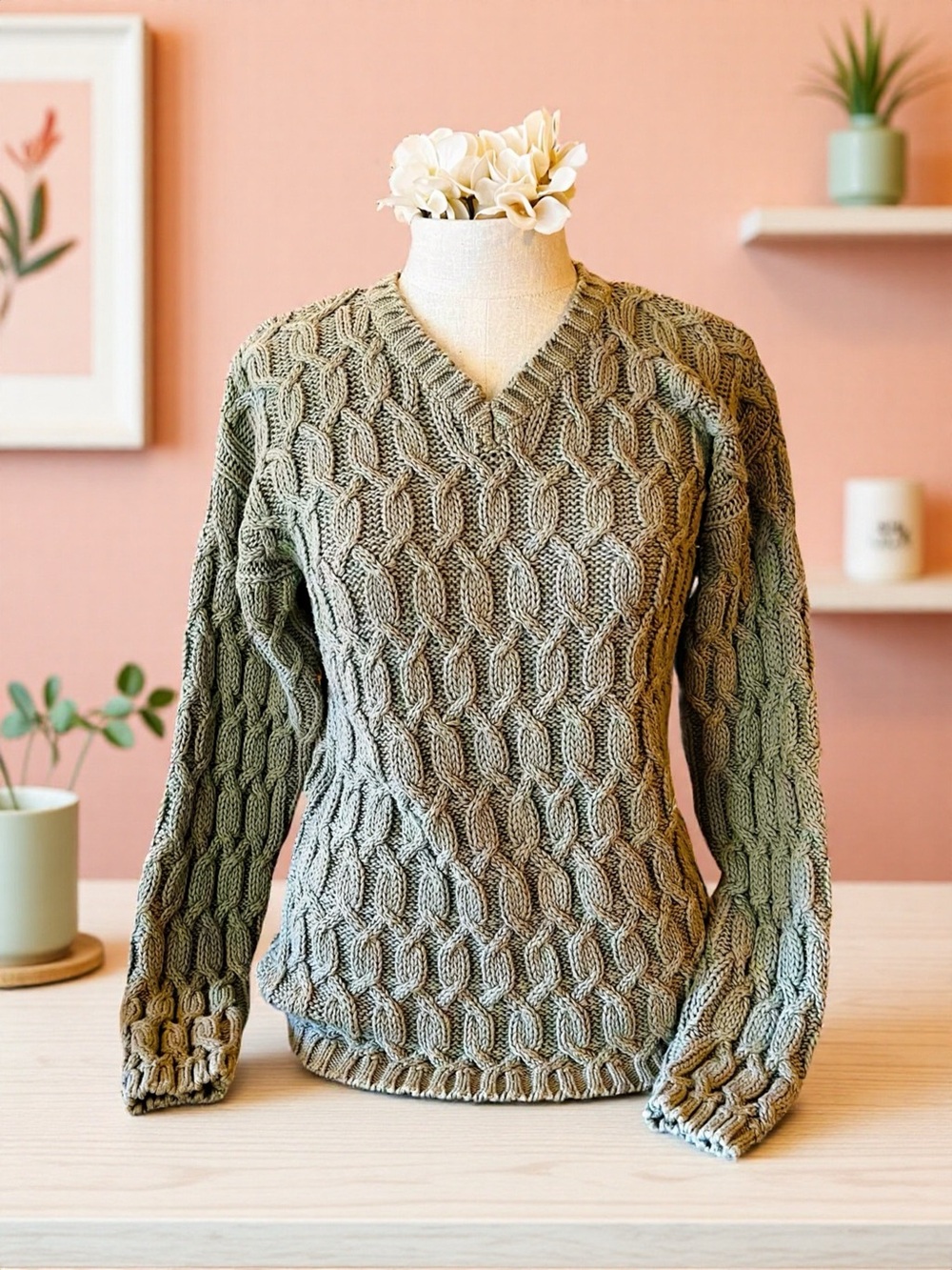 Vintage 90s Basic Editions Olive Green Cable Knit V-Neck Sweater